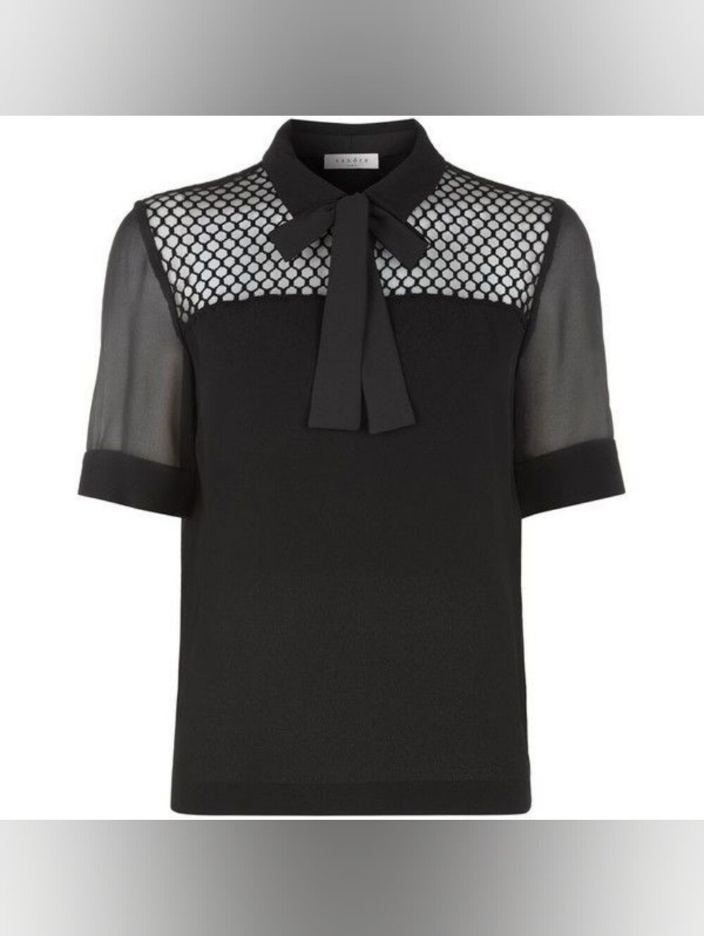 SANDRO | Sheer Mesh Yoke Tie-Neck Blouse in Black
